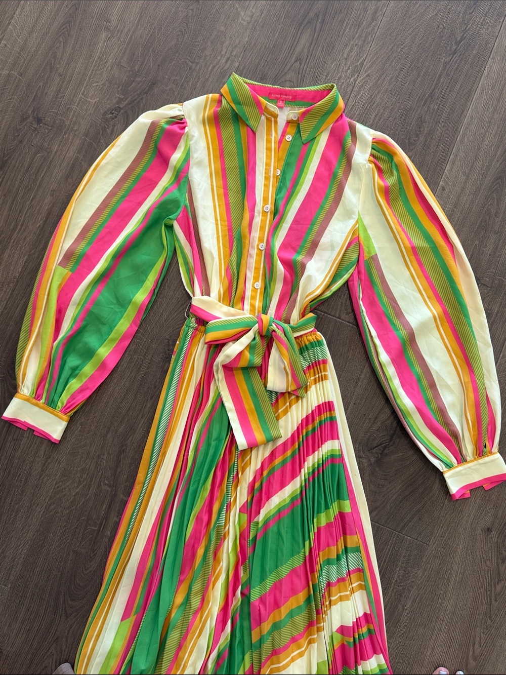 Flying Tomato Rainbow Stripe Pleated Maxi Dress Long Puff Sleeve Tie Waist Small - Picture 4 of 11